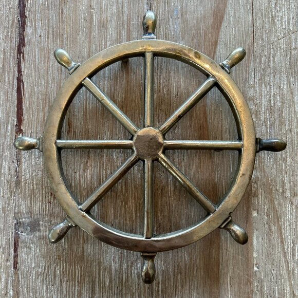 Vintage Brass Helm Ship Wheel Trivet Wall Decor 6.5” - Picture 1 of 3